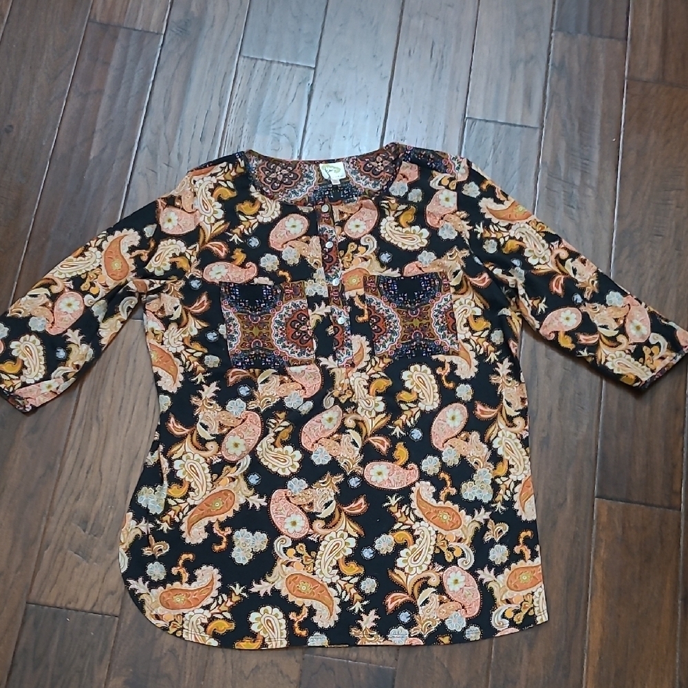 Fig and Flower Black Colorful Paisley Print Tunic Blouse size 2X